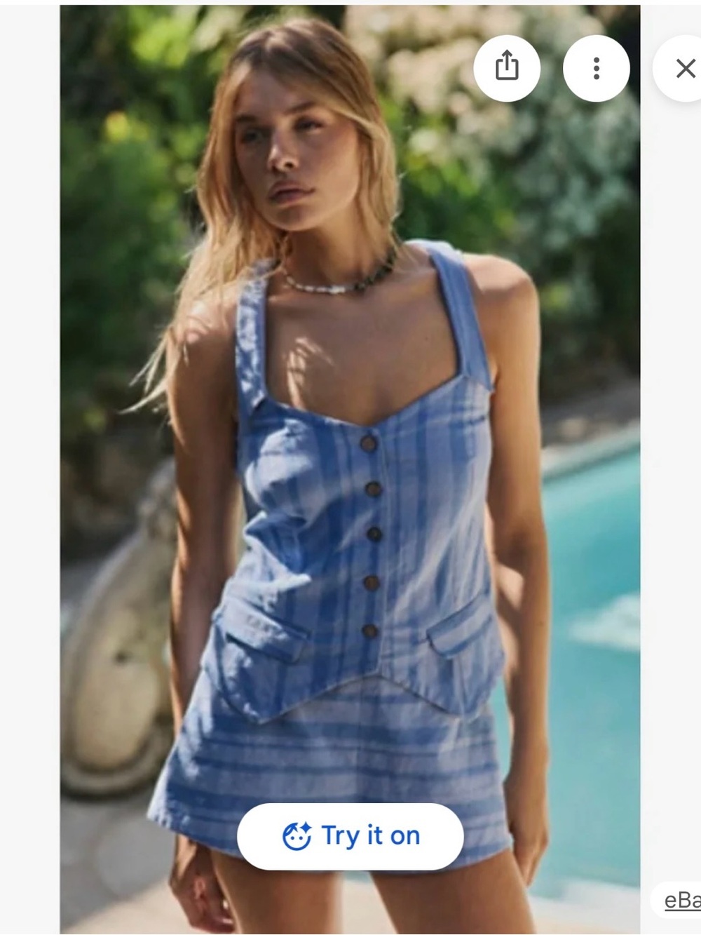 Blue Striped Button-Front Linen Blend Short Set